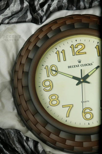 Wall clock with brown frame and white face displaying the time, brand 'Decent Clocks' visible. 
Cream_Brown_Glowing_wall-clock– Large 