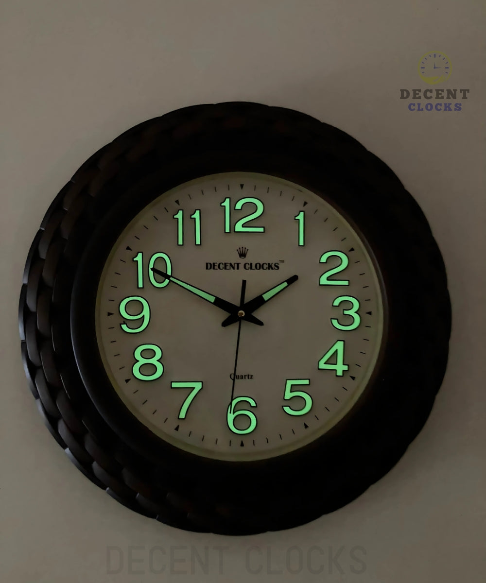 Glowing View Of Cream And brown Wall Clock . Glowing at night 