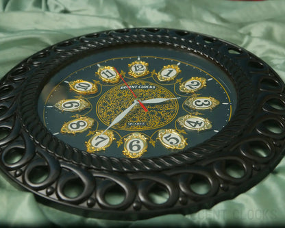 black-decorative-wall-clock-front-closeup-with light green background