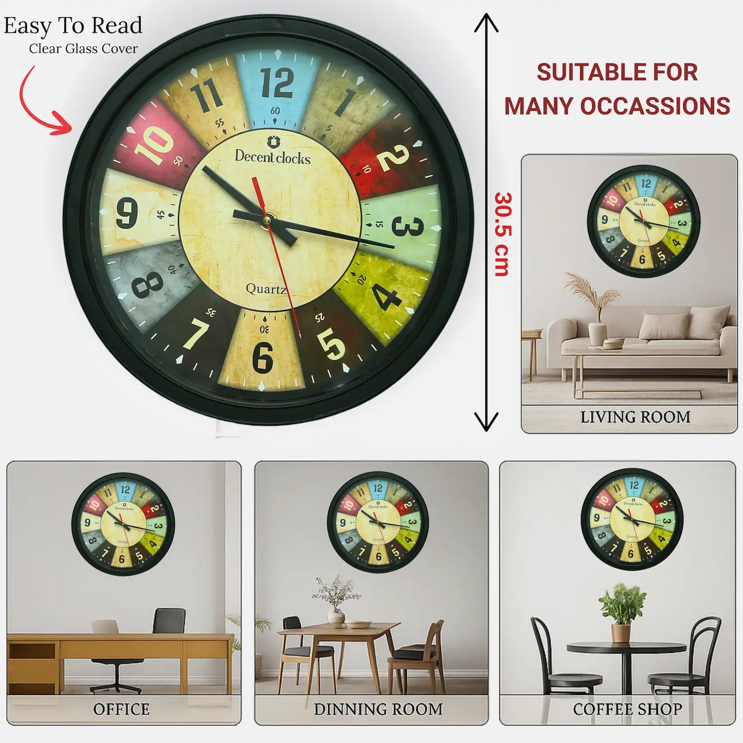 Multicolored wall clock with clear glass cover, suitable for various rooms. a picture showing specificarions of modern classic timepiece