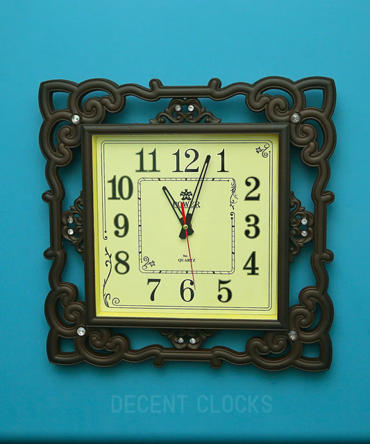 Royal Beidge square wall clock main front image on plain blue background featuring a wooden frame 
