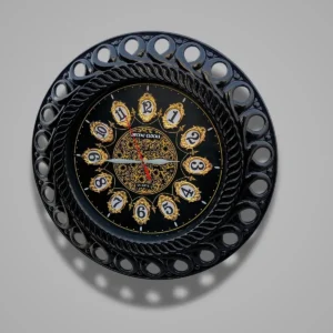 Front view of black decorative wall clock